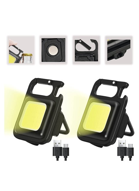 Keychain LED Light with Bottle Opener, Magnetic Base and Folding Bracket Mini COB 1000 Lumens Rechargeable Emergency Light for Camping Cycling (Square with 4 Modes, Aluminum) Pack of 2