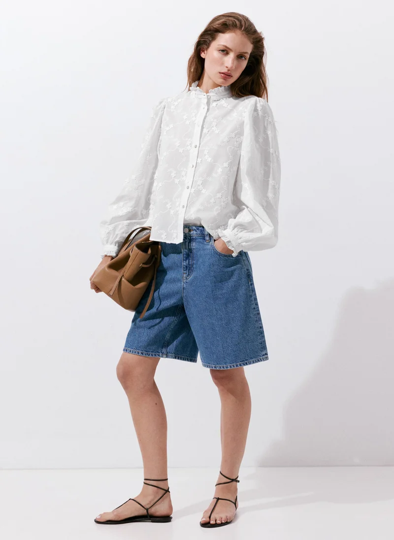 Mango 01-BLANCO 100% Cotton Blouse With Floral Embroideries for Women | Best Price UAE