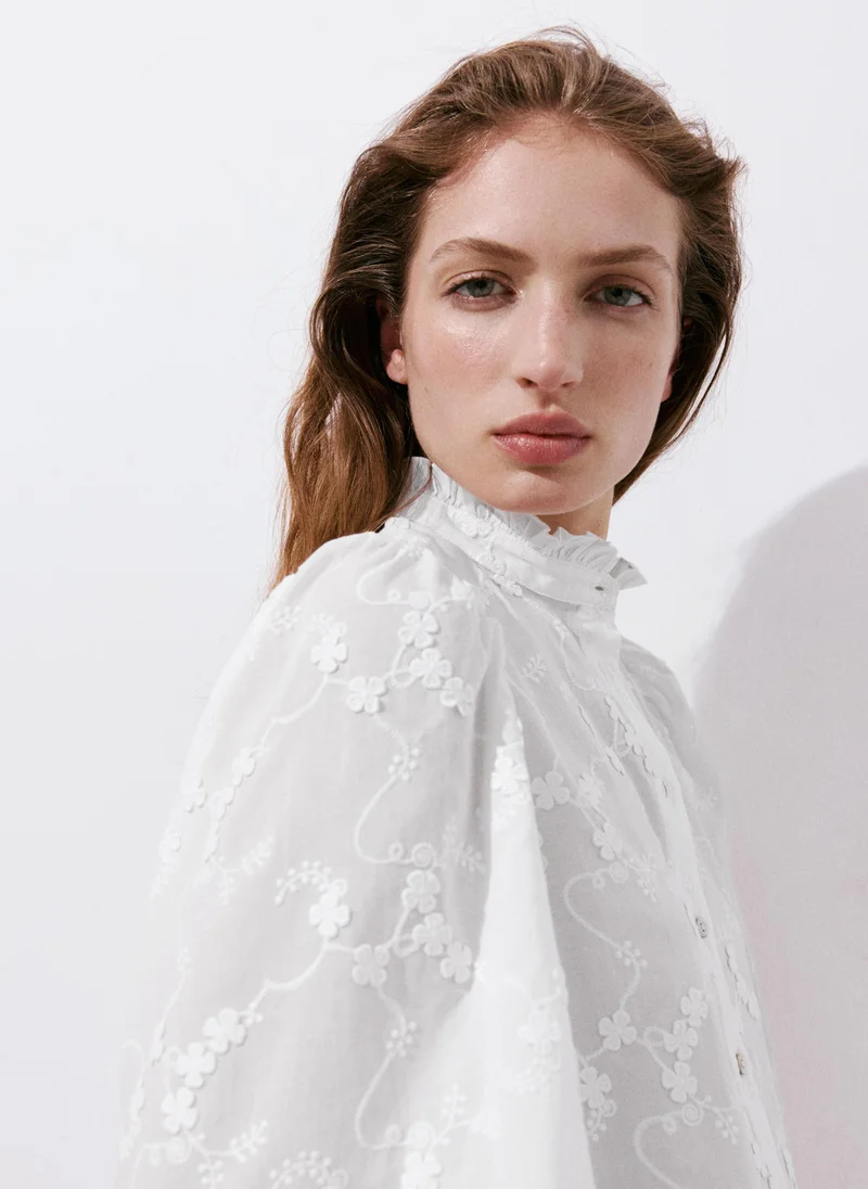 Mango 01-BLANCO 100% Cotton Blouse With Floral Embroideries for Women | Best Price UAE