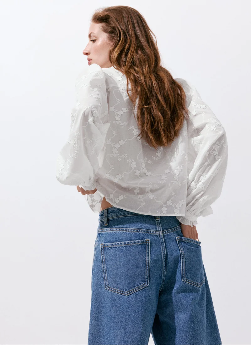 Mango 01-BLANCO 100% Cotton Blouse With Floral Embroideries for Women | Best Price UAE