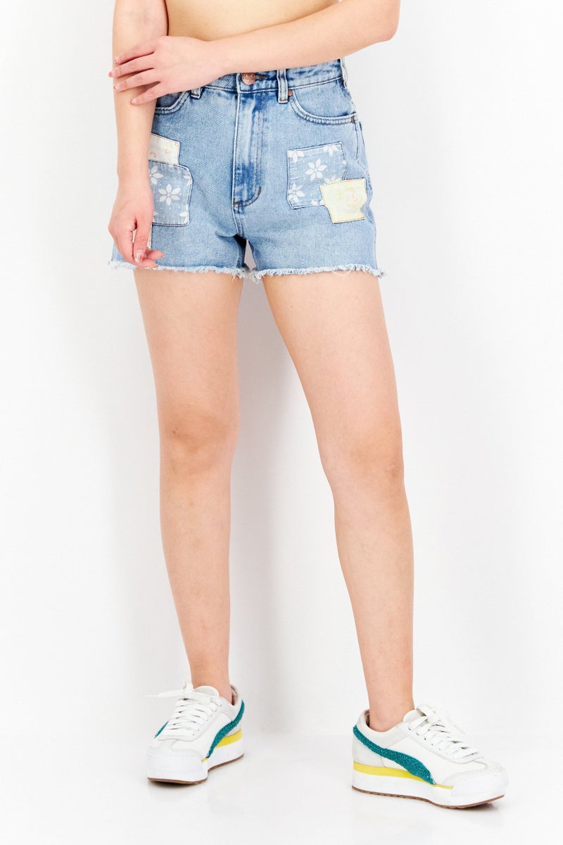 Billabong x Wrangler Women Regular Fit Graphic Print Denim Shorts, Blue - Image 1