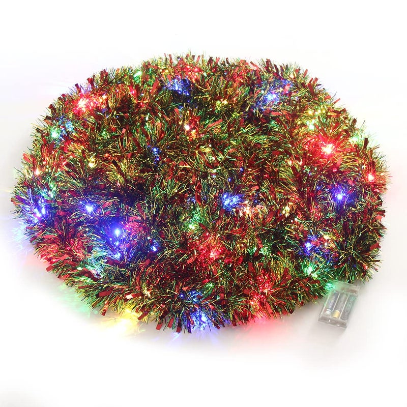CCINEE CCINEE Christmas Prelit Tinsel Garland 33 Ft Multicolor Hanging Garland with 100 Multicolored Battery Operated LED String Lights for Christmas Tree Decoration Party Supplies