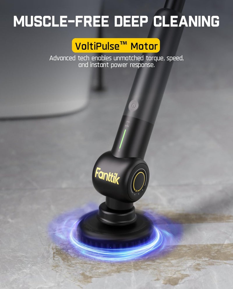 Fanttik Flip G9 Pro Electric Scrubber, VoltiPulse Motor, Dual-Speed Cleaner with 6 Brush Heads, Adjustable Angle & Extendable Handle, IPX7 Waterproof, Type-C Charge for Bathroom, Tile, Grout - Black - Image 2