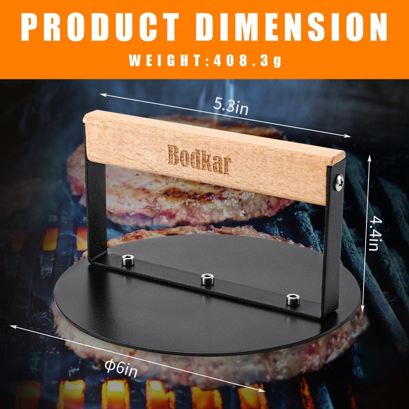 bodkar Smash Burger Press 6 inch, Round Burger Smasher Grill Press for Griddle Bacon Press Meat Steak Press with Wood Handle - Image 3