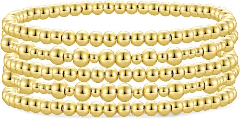 Badu Gold Plate Bead Bracelet for Women 14K Gold Plated Bead Ball Bracelet Stretchable Elastic Hypoallergenic Bohemian Stackable - Image 1