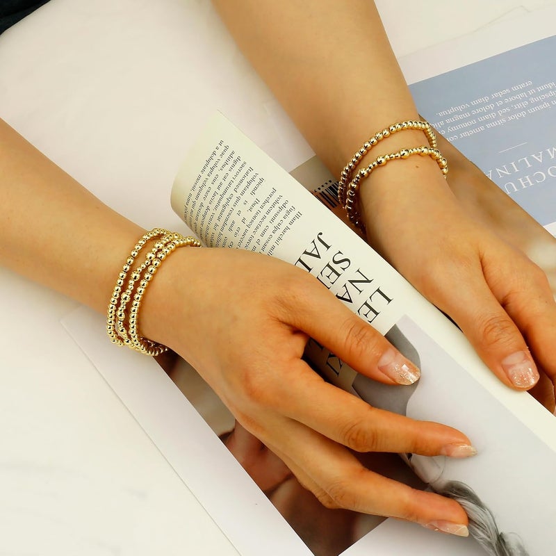 Badu Gold Plate Bead Bracelet for Women 14K Gold Plated Bead Ball Bracelet Stretchable Elastic Hypoallergenic Bohemian Stackable - Image 5