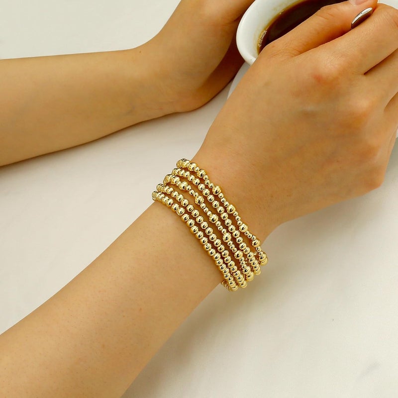 Badu Gold Plate Bead Bracelet for Women 14K Gold Plated Bead Ball Bracelet Stretchable Elastic Hypoallergenic Bohemian Stackable - Image 3