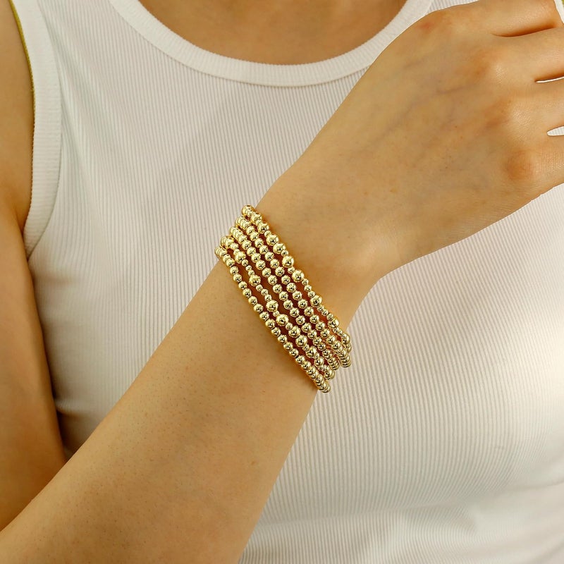Badu Gold Plate Bead Bracelet for Women 14K Gold Plated Bead Ball Bracelet Stretchable Elastic Hypoallergenic Bohemian Stackable - Image 4