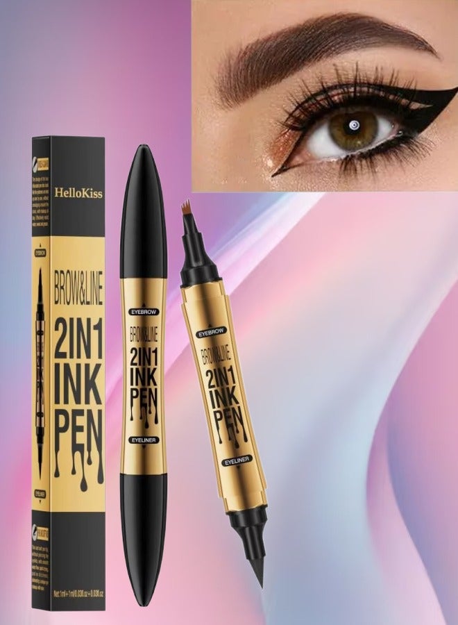 HelloKiss Brow and Line 2in1 Ink Pen for Eyebrow and Eyeliner Pen Waterproof Eyeliner Pencil 3D Microblading Eyebrow Tattoo Pencil 4 Fork Tip with Eyeliner Light Brown Eyebrow and Black Eyeliner Pencil 01 - Image 1