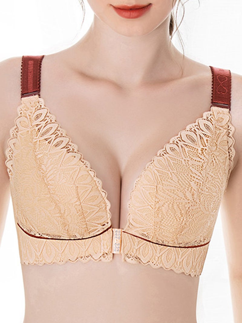 Large Size Lace Bra: Beige 52E Nylon Spandex Soft 3/4 Non-Underwire Cup - Front Clip Closure Adjustable Straps for Full-Figured Women - Image 1