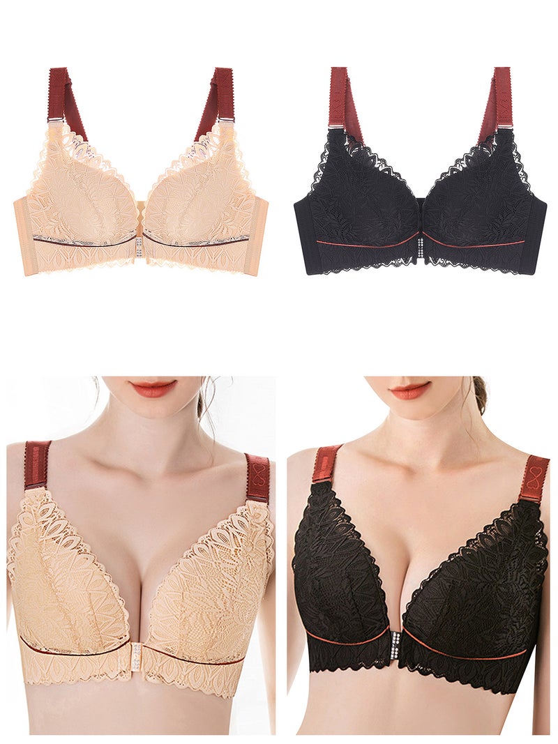 Large Size Lace Bra: Beige 52E Nylon Spandex Soft 3/4 Non-Underwire Cup - Front Clip Closure Adjustable Straps for Full-Figured Women - Image 4