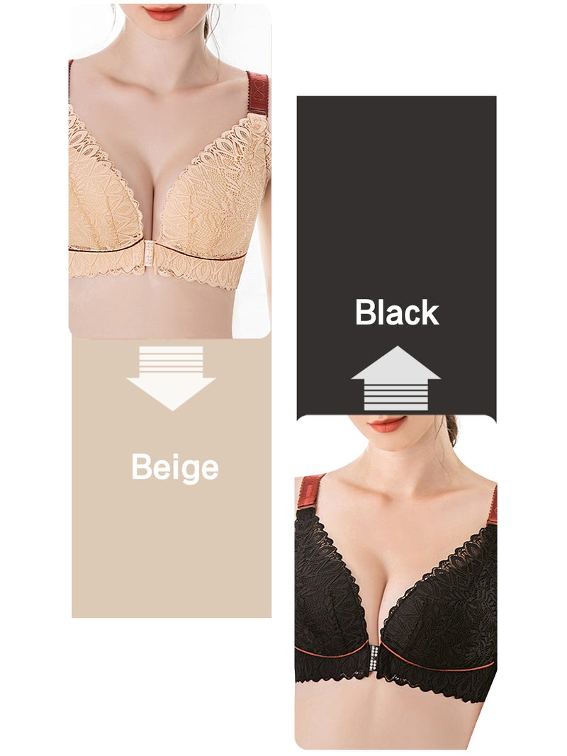Large Size Lace Bra: Beige 52E Nylon Spandex Soft 3/4 Non-Underwire Cup - Front Clip Closure Adjustable Straps for Full-Figured Women - Image 2