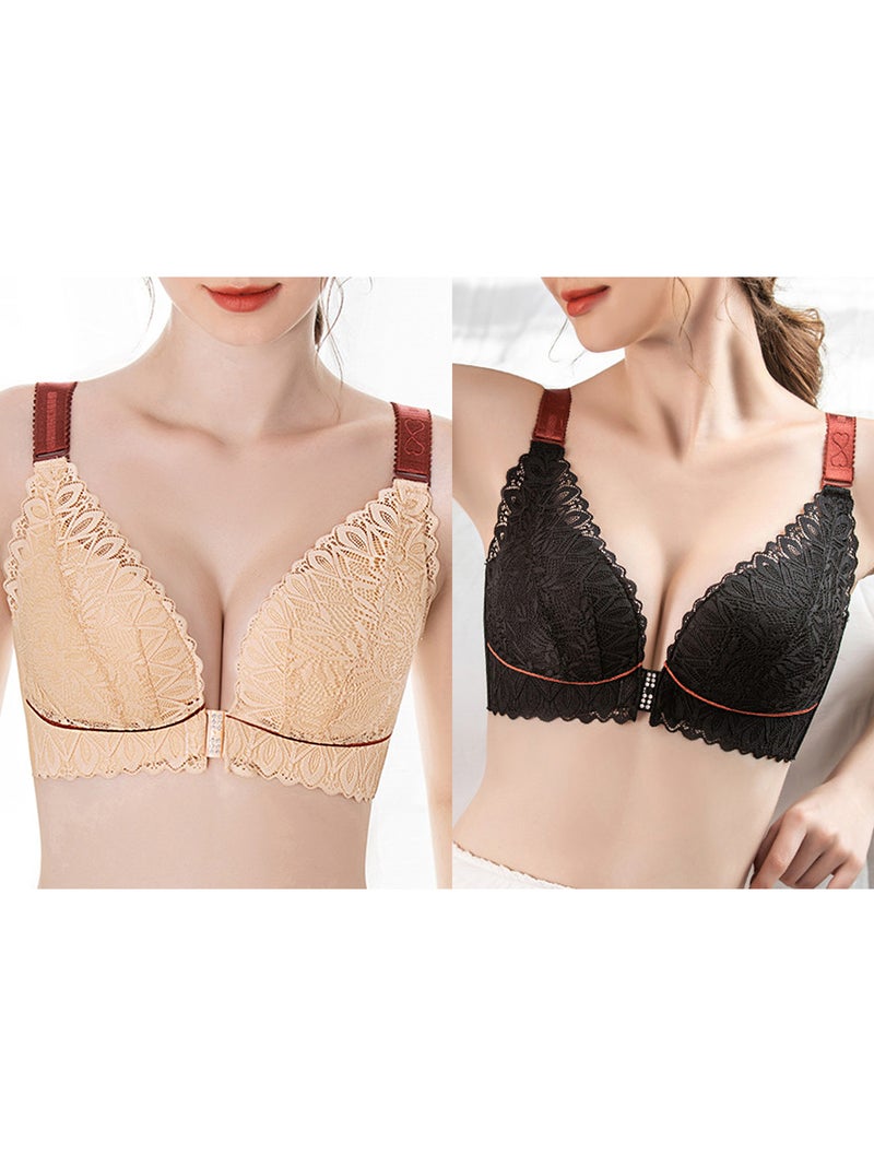 Large Size Lace Bra: Beige 52E Nylon Spandex Soft 3/4 Non-Underwire Cup - Front Clip Closure Adjustable Straps for Full-Figured Women - Image 3