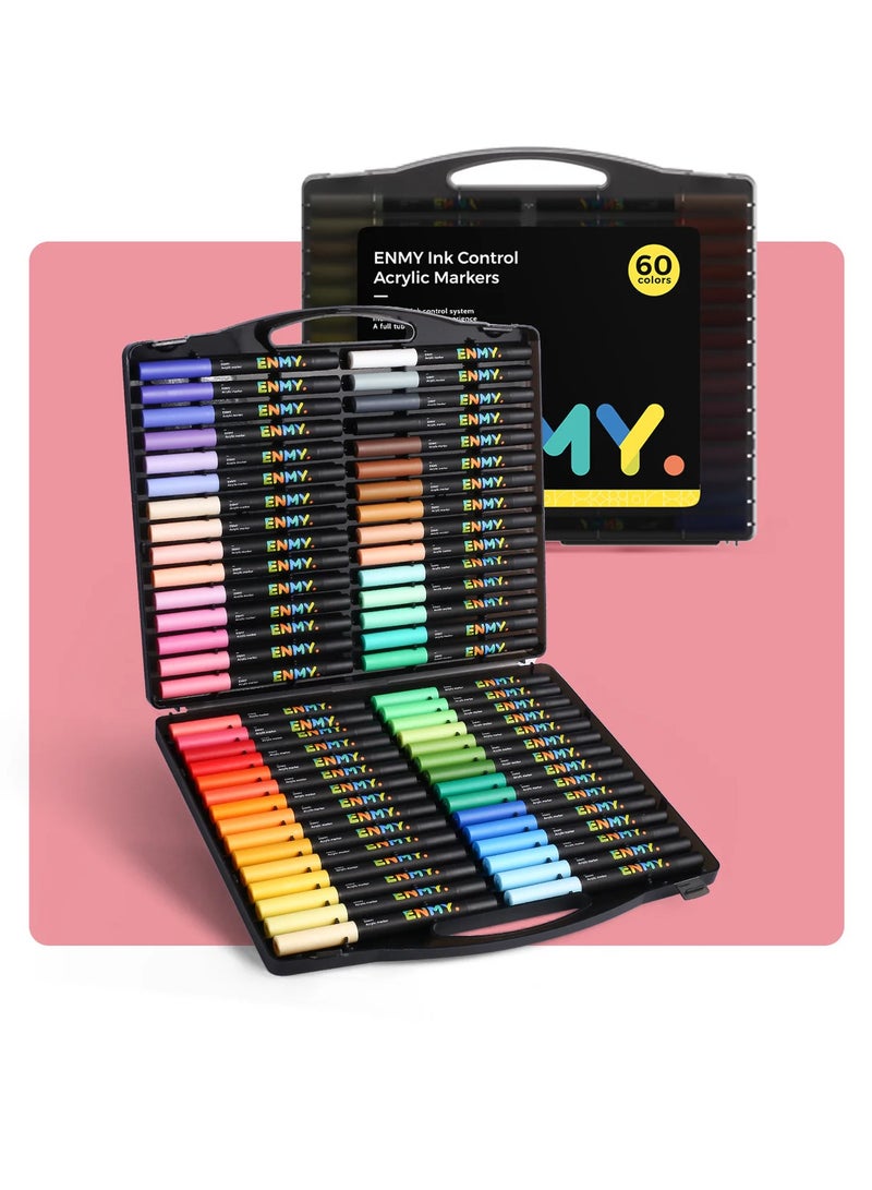ENMY 60 Colors Acrylic Paint Pens – Direct Liquid Acrylic Paint Markers for Fabric, Canvas, Wood, Glass, Rocks & DIY Crafts – Vibrant, Long-Lasting, Skin Tone Shades, High Saturation, Smooth Ink Flow – Perfect for Artists & Crafters - Image 1