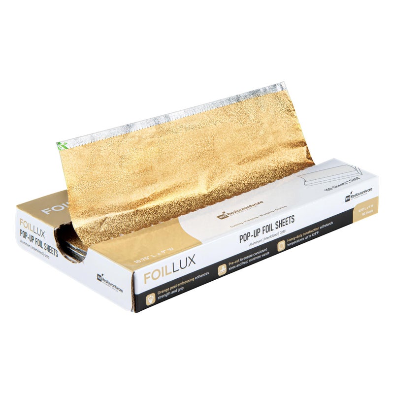 Restaurantware Lux Pop-Up Foil Sheets - 10.8 x 9 Inch, 100 Gold Embossed Aluminum Foil Papers, Greaseproof, Freezable & Oven Ready - Image 1