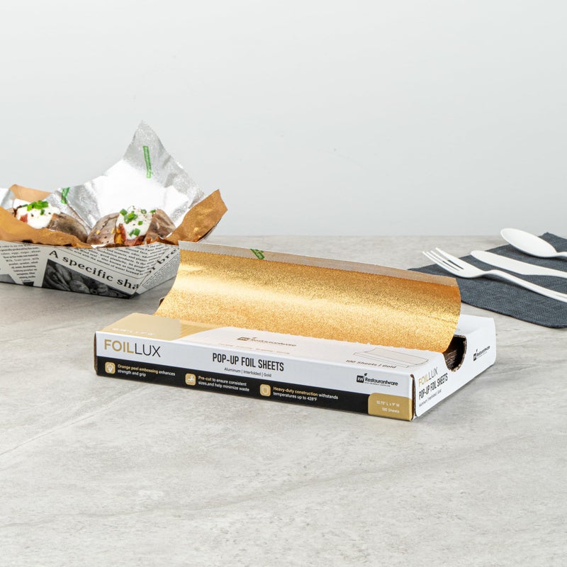 Restaurantware Lux Pop-Up Foil Sheets - 10.8 x 9 Inch, 100 Gold Embossed Aluminum Foil Papers, Greaseproof, Freezable & Oven Ready - Image 4
