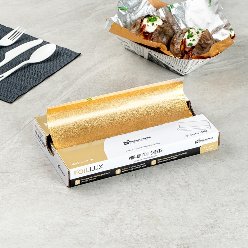 Restaurantware Lux Pop-Up Foil Sheets - 10.8 x 9 Inch, 100 Gold Embossed Aluminum Foil Papers, Greaseproof, Freezable & Oven Ready - Image 3