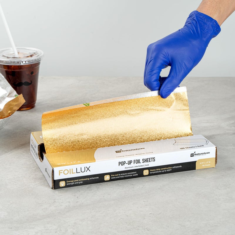 Restaurantware Lux Pop-Up Foil Sheets - 10.8 x 9 Inch, 100 Gold Embossed Aluminum Foil Papers, Greaseproof, Freezable & Oven Ready - Image 5