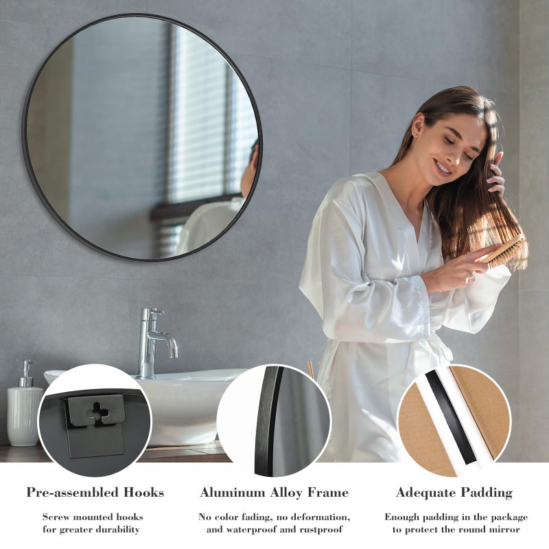 NEWBULIG Black Round Wall Mirror 30 Inch, Bathroom Mirrors for Over Sink, Wall Decor for Bathroom, Entryway, Bedroom, Vanity - Image 4