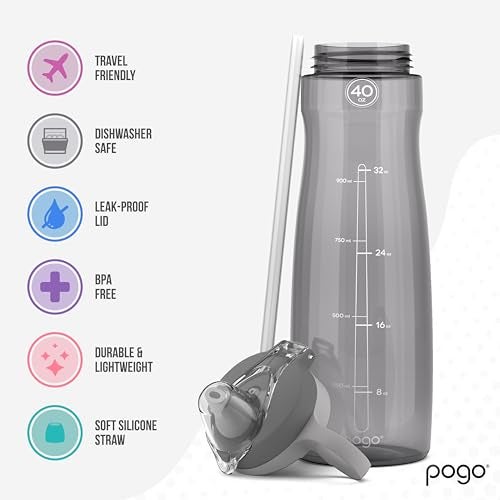 Pogo BPA-Free Tritan Plastic Water Bottle with Soft Straw, 40 Oz, Grey - Image 3