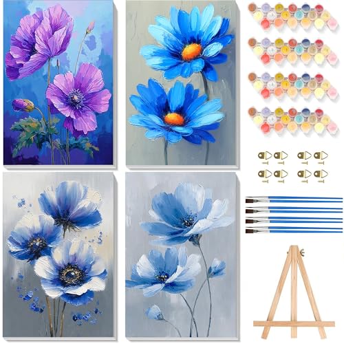 xackcme 4 Pack Paint by Numbers for Adults with Framed Canvas with Wooden Easel Easy Flower Paint by Number for Beginners Flowers Acrylic Oil Painting on Canvas with Brushes for Home Wall Decor 8x12 inch - Image 1