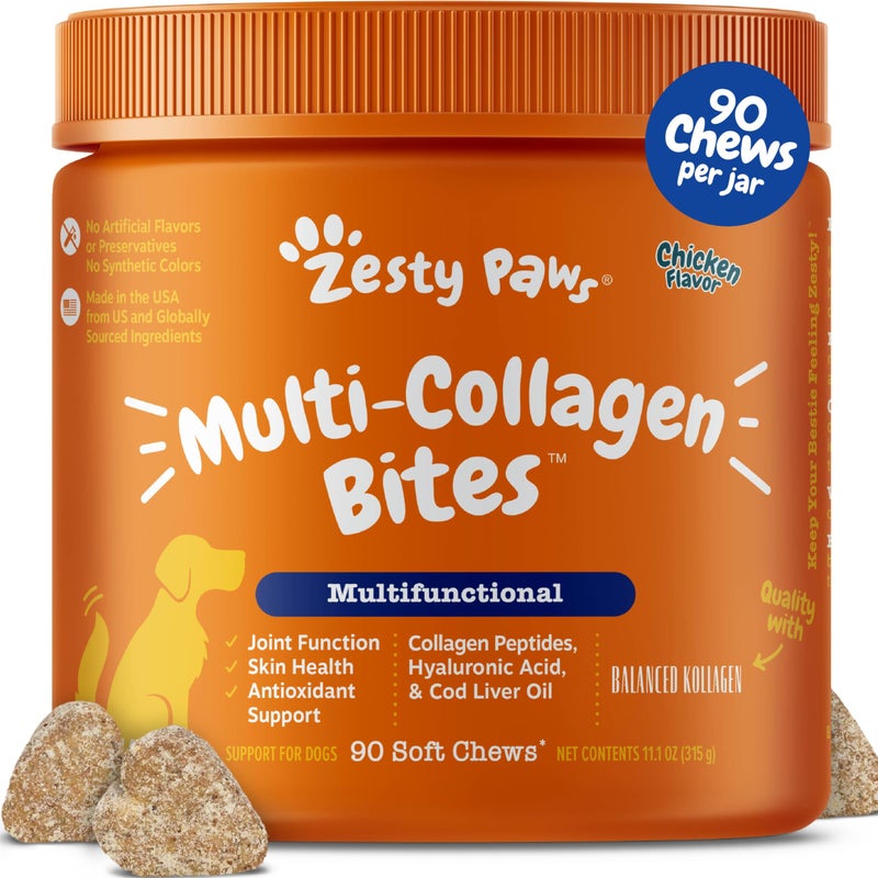 Zesty Paws Multi Collagen Soft Chews for Dogs - for Hip, Joint & Cartilage Support + Skin Health - with Collagen - Plus Eggshell Membrane, Vitamin C & Hyaluronic Acid - 90 Count - Image 1