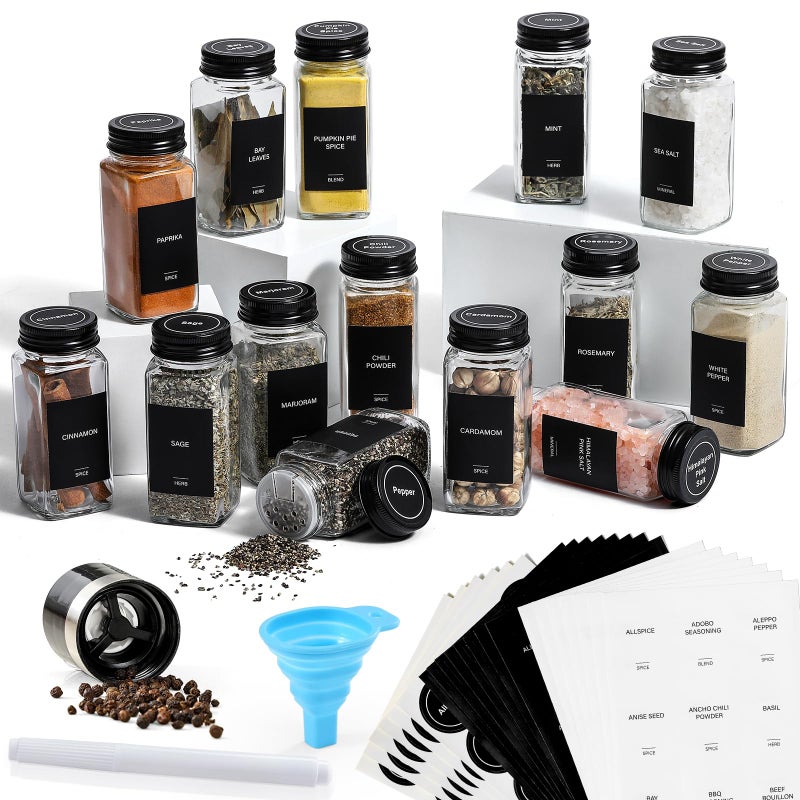 AOZITA 14 Pcs Glass Spice Jars with Black lids  4oz Empty Square Spice Bottles and Spice Labels  Black Shaker Lids and Airtight Metal Caps  Silicone Collapsible Funnel Included