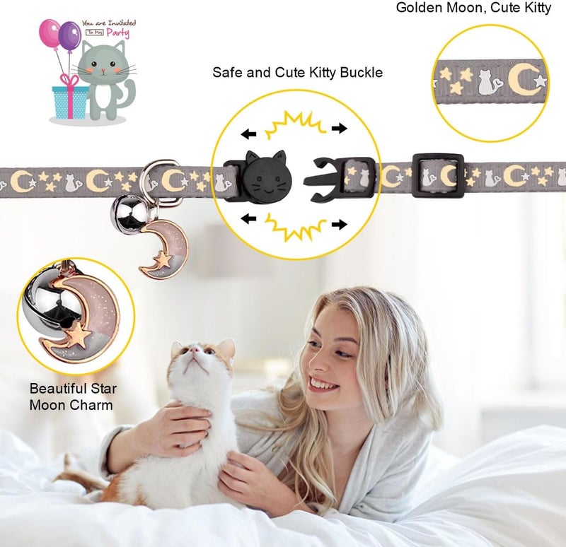 Baeuppit 4PCS Cat Collar with Bells,Breakaway Cat Collars,Moons Stars Cute Kitty Adjustable Safe Kitten Collars Pendant Glow in The Dark,Cat Collars for Boy Cats 8.0-13.0 Inch(2 Black & 2 Grey) - Image 3