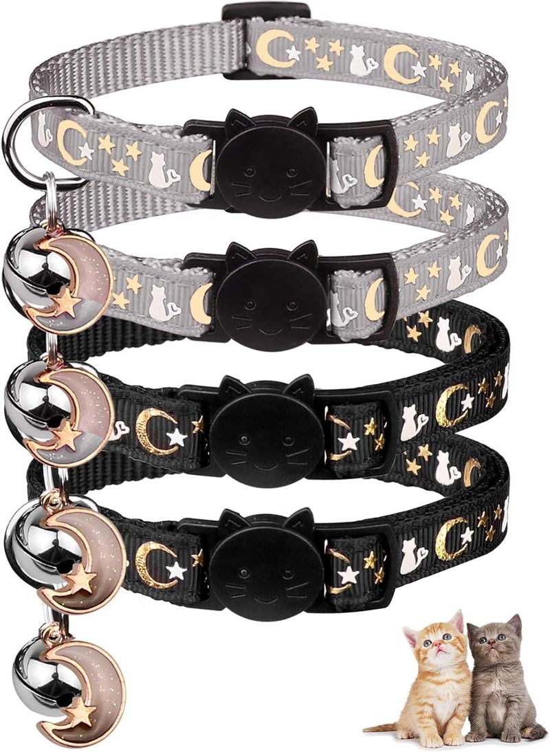 Baeuppit 4PCS Cat Collar with Bells,Breakaway Cat Collars,Moons Stars Cute Kitty Adjustable Safe Kitten Collars Pendant Glow in The Dark,Cat Collars for Boy Cats 8.0-13.0 Inch(2 Black & 2 Grey) - Image 1