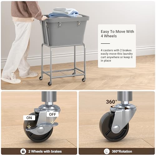 ELYKEN Rolling Laundry Hamper with Wheels, Laundry Cart with Removable Bag, Heavy Duty Metal Frame, 2-Tier Clothes Basket Hamper with Shelf for Closet, Bedroom, Bathroom, Laundry Room, Gray - Image 4