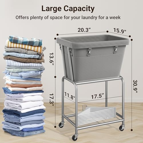 ELYKEN Rolling Laundry Hamper with Wheels, Laundry Cart with Removable Bag, Heavy Duty Metal Frame, 2-Tier Clothes Basket Hamper with Shelf for Closet, Bedroom, Bathroom, Laundry Room, Gray - Image 3