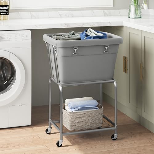 ELYKEN Rolling Laundry Hamper with Wheels, Laundry Cart with Removable Bag, Heavy Duty Metal Frame, 2-Tier Clothes Basket Hamper with Shelf for Closet, Bedroom, Bathroom, Laundry Room, Gray - Image 2