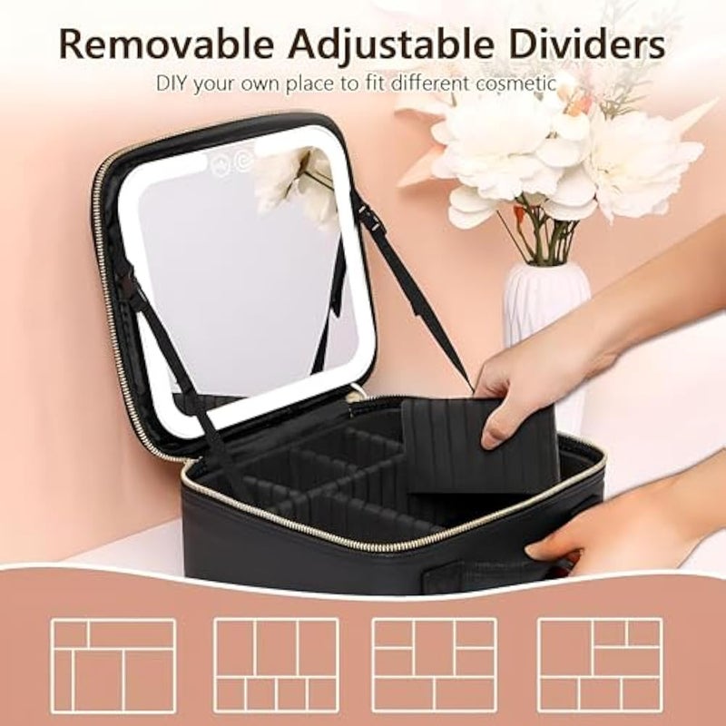 Glam Case - Luxury Black Leather Makeup Organizer with LED Mirror, 3 Color Temperatures, Rechargeable, Smooth Zipper, Spacious Compartments for Beauty Products, Perfect for On-the-Go Touchups Anytime - Image 3