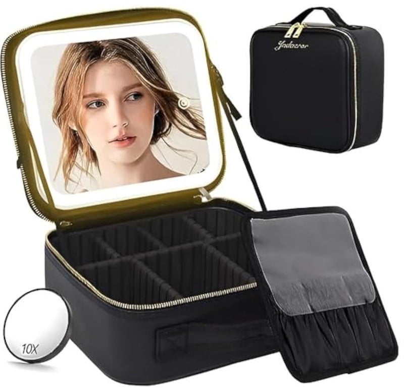 Glam Case - Luxury Black Leather Makeup Organizer with LED Mirror, 3 Color Temperatures, Rechargeable, Smooth Zipper, Spacious Compartments for Beauty Products, Perfect for On-the-Go Touchups Anytime - Image 1