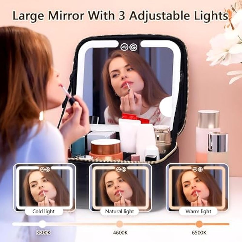 Glam Case - Luxury Black Leather Makeup Organizer with LED Mirror, 3 Color Temperatures, Rechargeable, Smooth Zipper, Spacious Compartments for Beauty Products, Perfect for On-the-Go Touchups Anytime - Image 4
