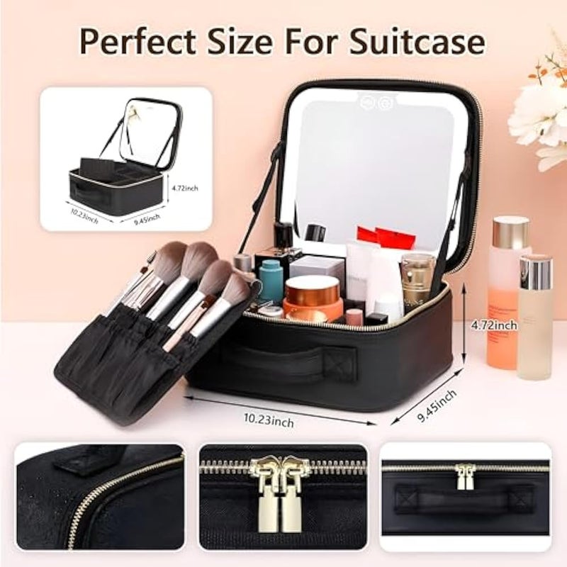 Glam Case - Luxury Black Leather Makeup Organizer with LED Mirror, 3 Color Temperatures, Rechargeable, Smooth Zipper, Spacious Compartments for Beauty Products, Perfect for On-the-Go Touchups Anytime - Image 2