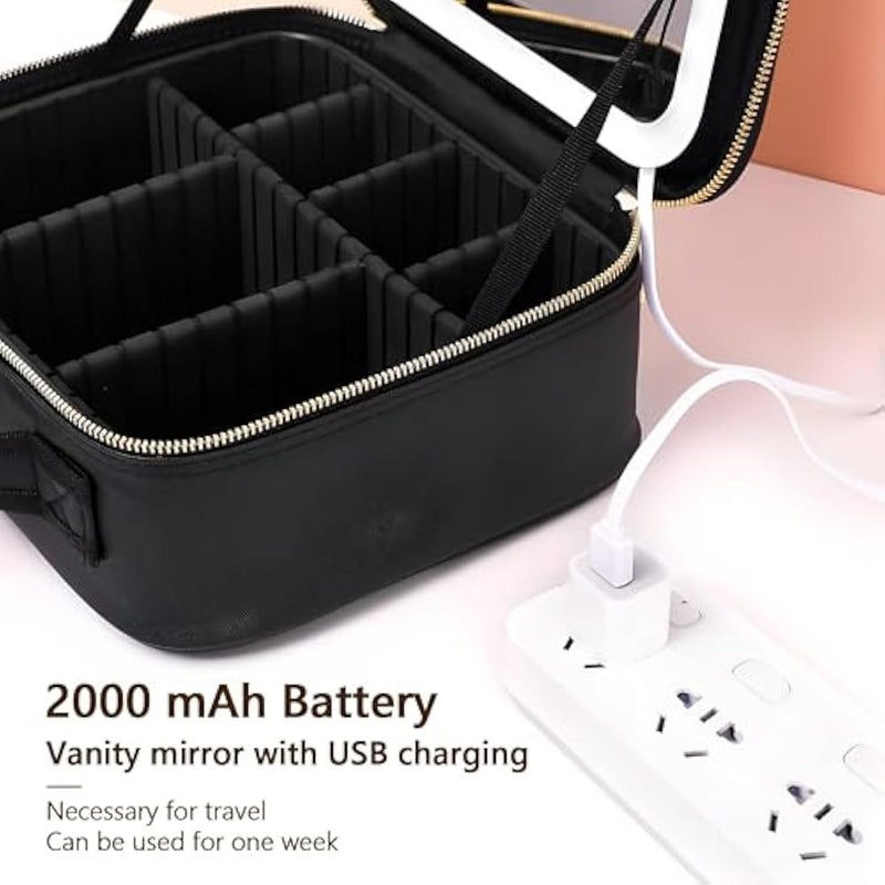 Glam Case - Luxury Black Leather Makeup Organizer with LED Mirror, 3 Color Temperatures, Rechargeable, Smooth Zipper, Spacious Compartments for Beauty Products, Perfect for On-the-Go Touchups Anytime - Image 5