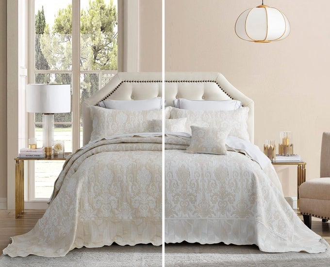 OVERSIZED KING BEDSPREAD 128X120 EXTRA WIDE JACQUARD MATELASSE DAMASK PATTERN DESIGN LIGHTWEIGHT REVERSIBLE 5 PIECE 100 MICROFIBER IVORY