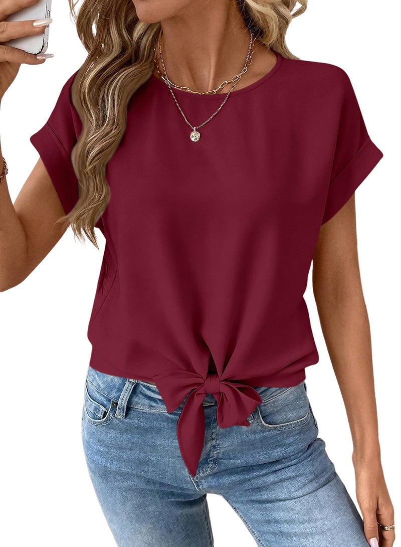 EVALESS Business Casual Tops for Women Summer Crewneck Cap Sleeve Tie Front Shirts with Keyhole Back Red Dahlia M - Image 1