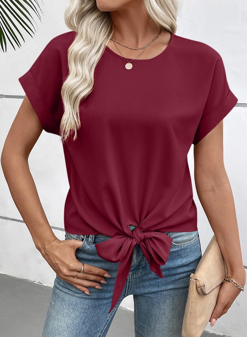 EVALESS Business Casual Tops for Women Summer Crewneck Cap Sleeve Tie Front Shirts with Keyhole Back Red Dahlia M - Image 2