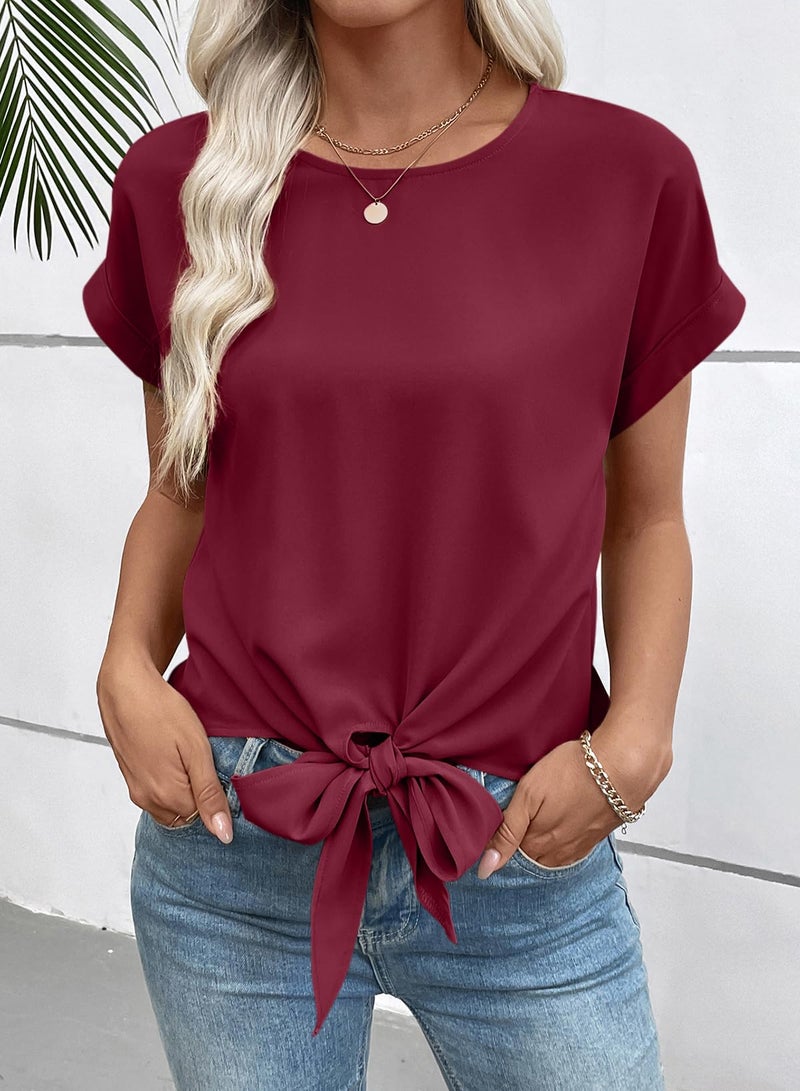 EVALESS Business Casual Tops for Women Summer Crewneck Cap Sleeve Tie Front Shirts with Keyhole Back Red Dahlia M - Image 5