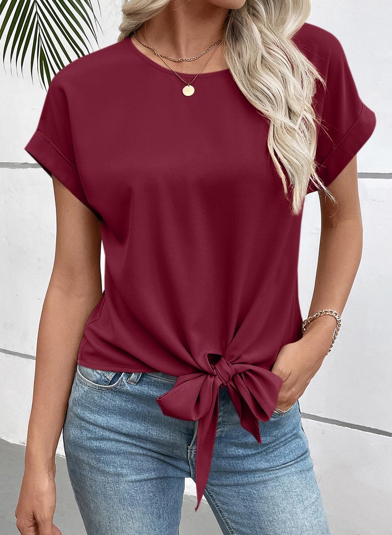 EVALESS Business Casual Tops for Women Summer Crewneck Cap Sleeve Tie Front Shirts with Keyhole Back Red Dahlia M - Image 4