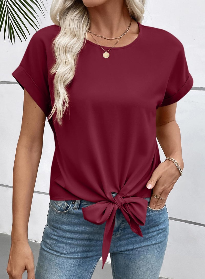 EVALESS Business Casual Tops for Women Summer Crewneck Cap Sleeve Tie Front Shirts with Keyhole Back Red Dahlia M - Image 3