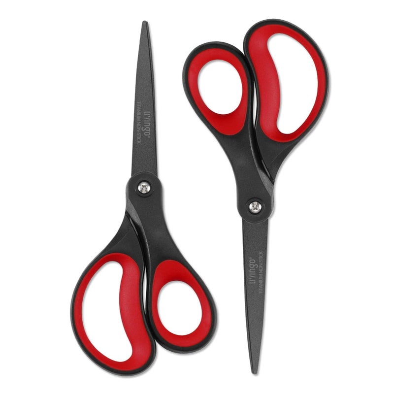 LIVINGO 2 Pack 8" Titanium Non-Stick Scissors, Professional Stainless Steel Comfort Grip, All-Purpose, Straight Office Craft Scissors for DIY(Red/Black) - Image 1
