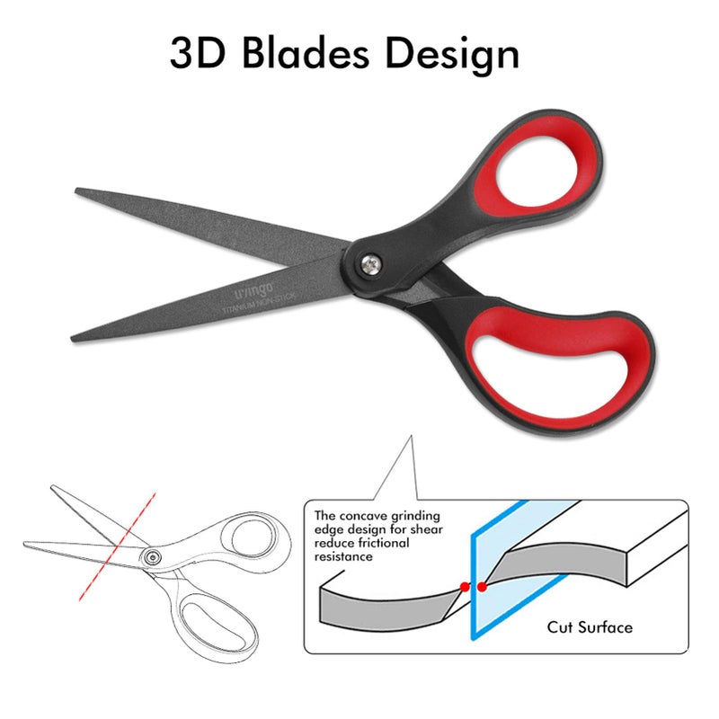LIVINGO 2 Pack 8" Titanium Non-Stick Scissors, Professional Stainless Steel Comfort Grip, All-Purpose, Straight Office Craft Scissors for DIY(Red/Black) - Image 5