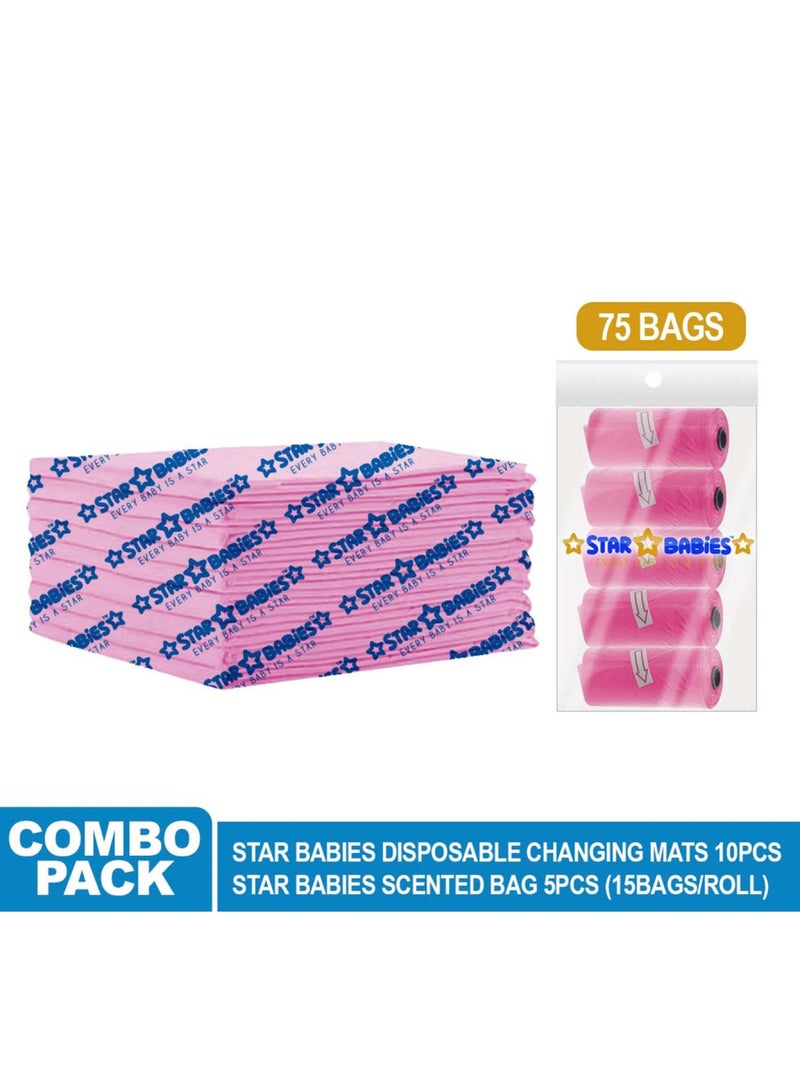 STAR BABiES Combo Packs Changing Mat 45 X 60Cm 10Pcs With Scented Bag Pack Of 5 75Bags-Pink  - Image 2