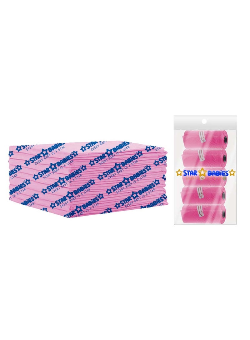 STAR BABiES Combo Packs Changing Mat 45 X 60Cm 10Pcs With Scented Bag Pack Of 5 75Bags-Pink  - Image 1