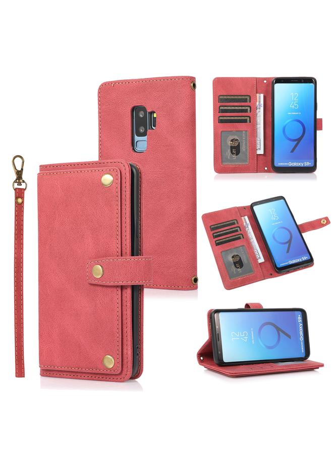 اس-توب جراب لهاتف Samsung Galaxy S9+ مصنوع من جلد البولي يوريثان الحراري مع حامل وفتحة للبطاقات ومحفظة وحبل تثبيت - Image 1