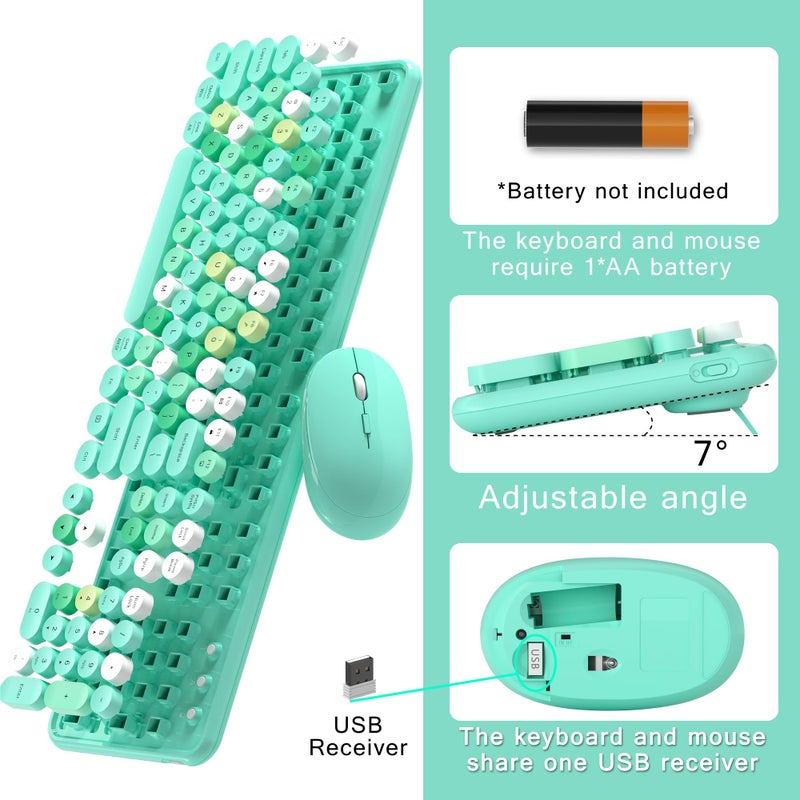 MPTOG Colorful Wireless Computer Keyboard and Mouse Combo with Round Typewriter Keycaps, Retro Design, Power Switch, Ergonomic Design, 2.4GHz Wireless for Windows, Mac, PC(Green-Colorful) - Image 5