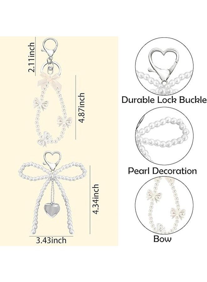 2 Pcs White Pearl Bow Keychain for Women, Pearl Wristlet Keyring, Car Keys Handbag Purse Pendant, Cute Bag Charm Accessory, Elegant Key Holder for Purse, Handbag, Backpack, Ideal Gift for Girls - Image 2